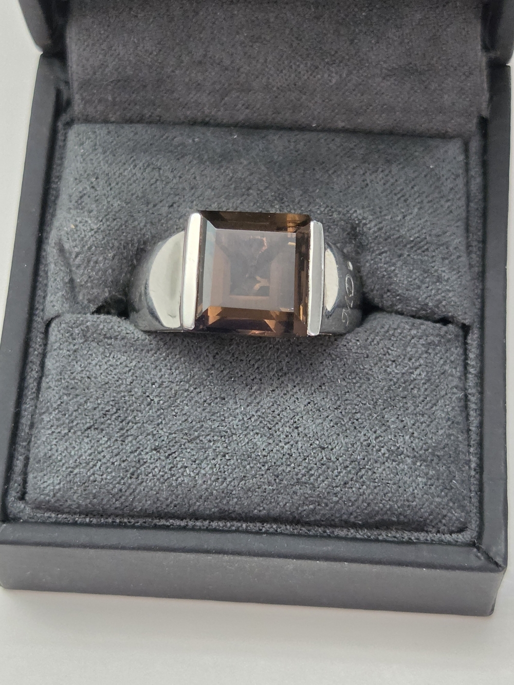 Designer QJ 925 Sterling Silver Modernist Emerald Cut Smoky Quartz Cocktail Ring
